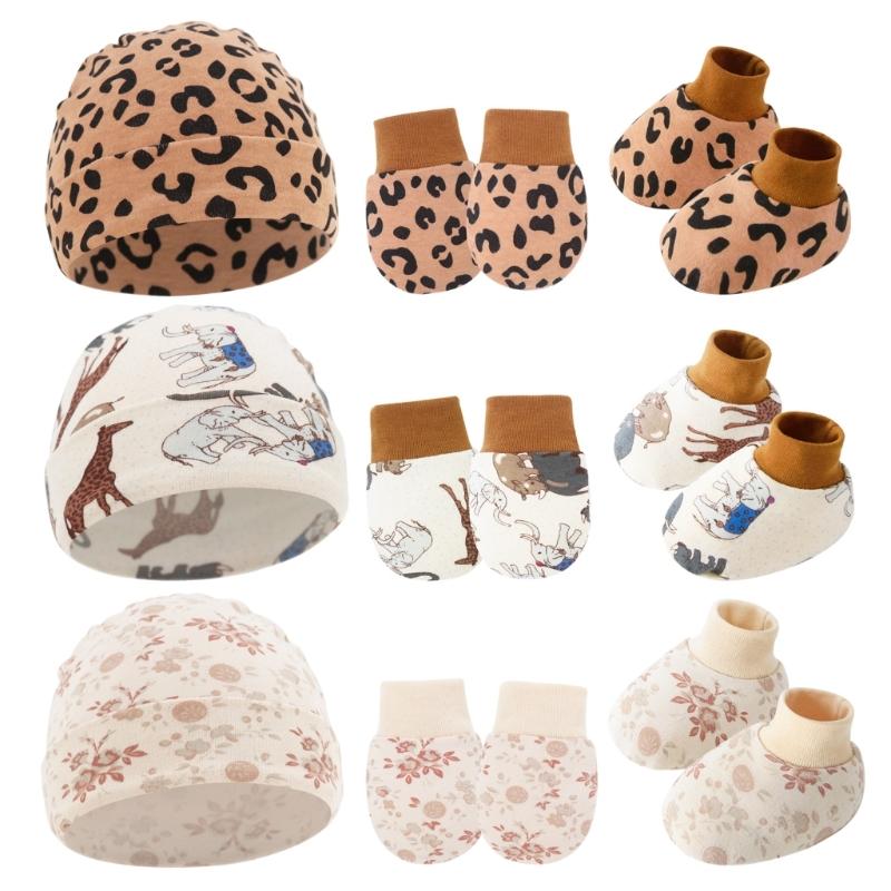 Set da 3 Pezzi Cappellino Guanti Calzini in Cotone per Neonato Anti Graffi Protezione Completa Manopole Copripiedi Accessori per Neonati