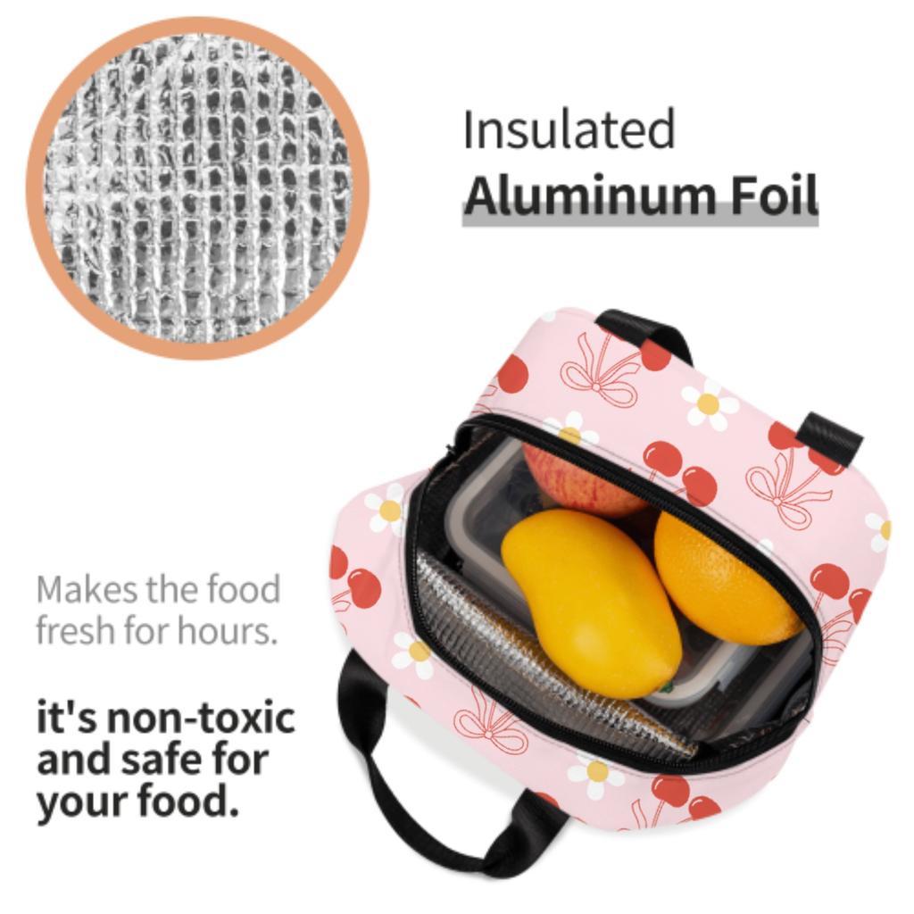 Cherry bow flowers Lunch Bag Waterproof Insulated Canvas Cooler Bag Thermal Cold Food Picnic Travel Tote for Women Children