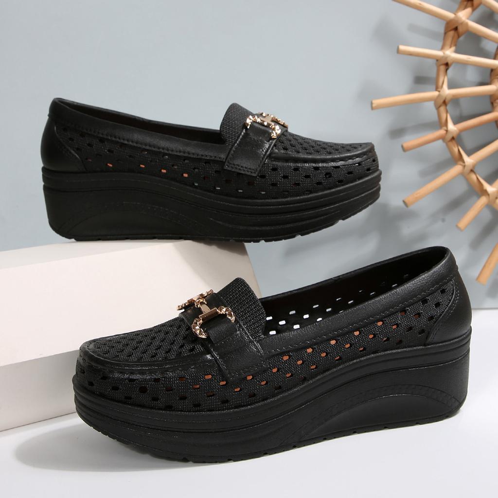 New leather hollow platform muffin shoes slope heel rocking shoes large size women's shoes casual