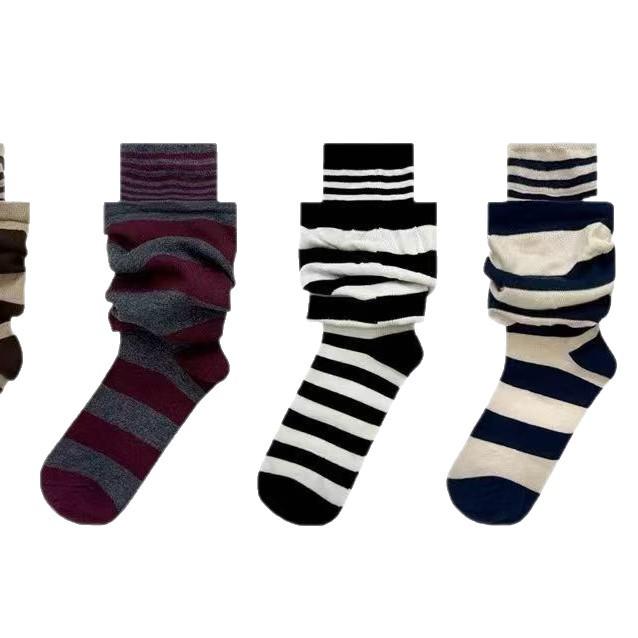 Korean-Style Cotton Mid-Calf Flared Striped Socks - Women's Fashionable Double-Layer Slouchy Design