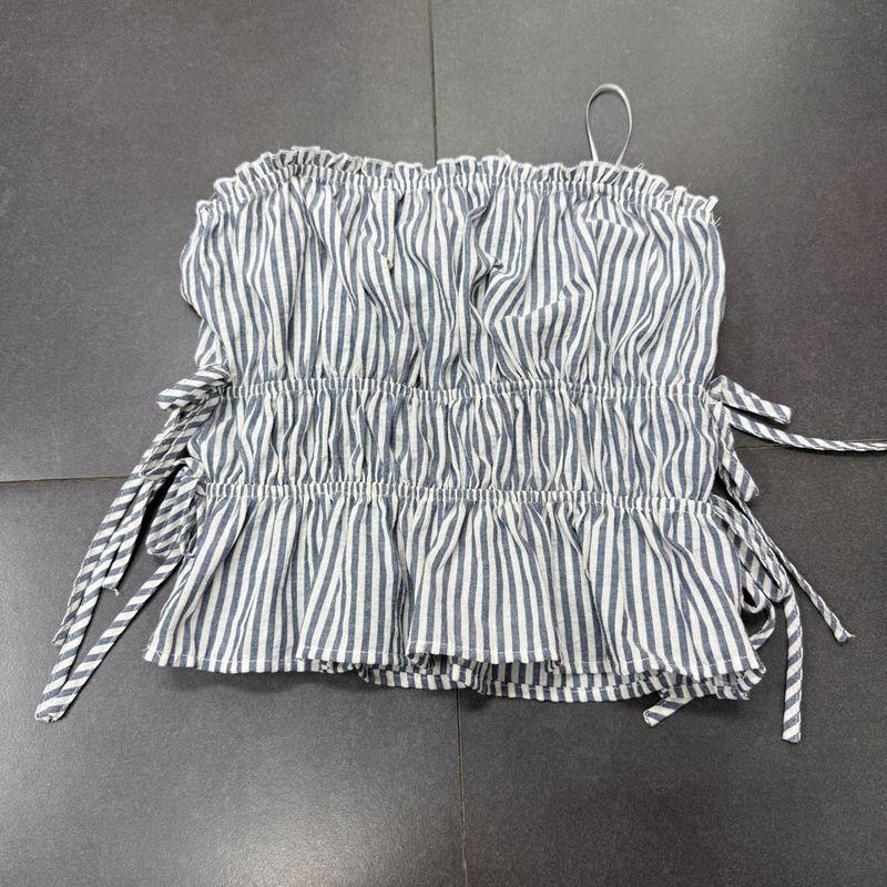 

Yanzijia Foreign Trade ~ Blue Stripe Tube Top + Flower Bud Clouds Skirt Retro Fashionable Gyaru Skirt Blue Stripes Tube Top S