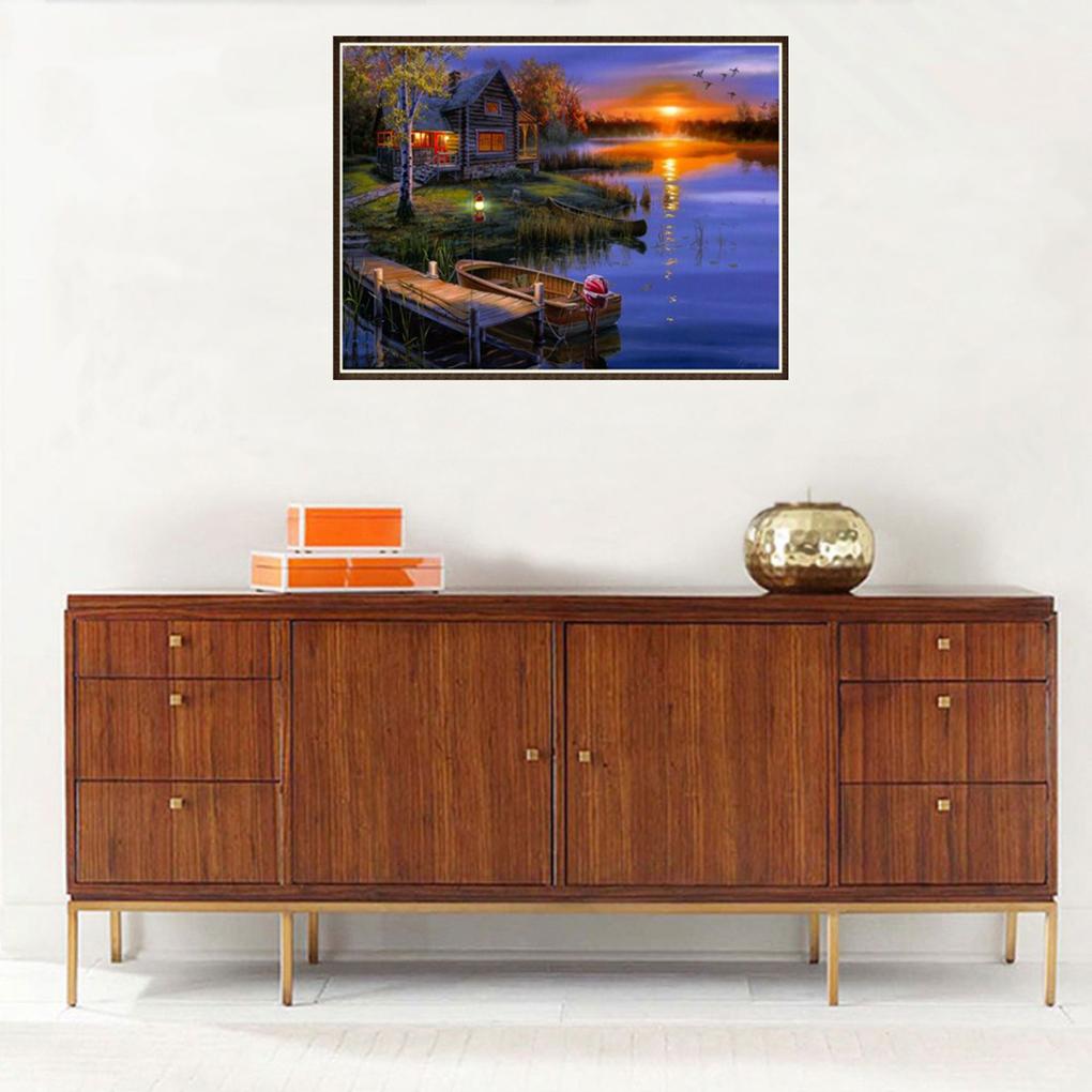 5D Sunset Lake House Rhinestone Stitch Crystal Scenery Embroidery Diamond Painting Room Decorative Resin Needlework