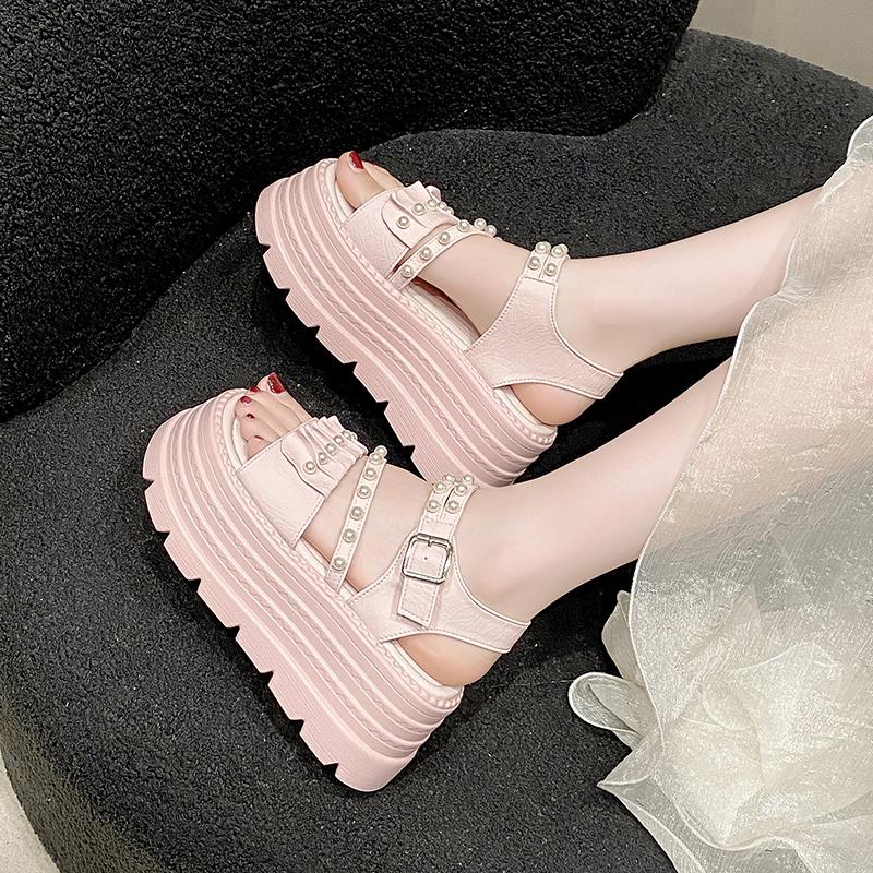 Fashion Women Sandals Summer Open Toe Buckle High Heels Shoes Black Punk Gothic Platform Sandals Sexy Rivets Thick Heels Shoes for Women