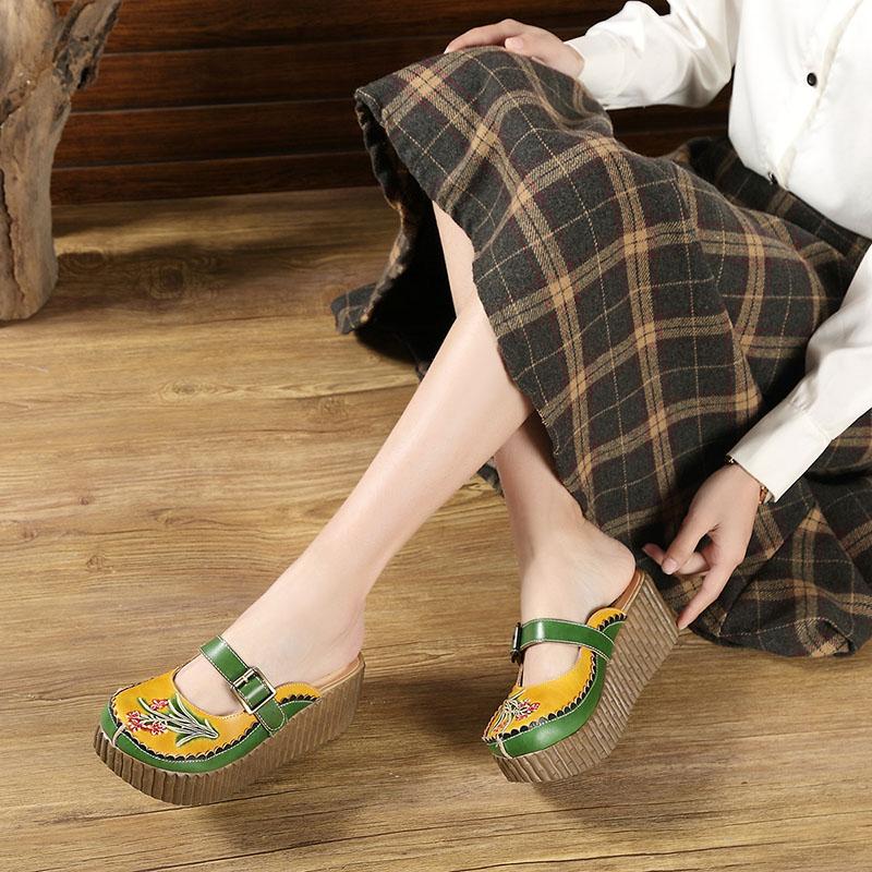Fashion GKTINOO 2025 Wedge Slides Shoes Women Cover Toes Buckle Flower Cut Out Summer Female Genuine Leather Platform Slippers