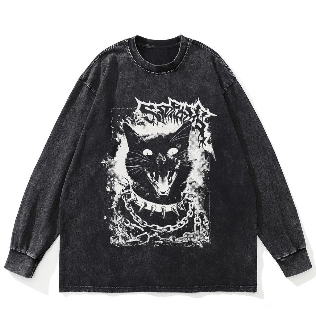 Startled Cat Graphic Print Long Sleeve T-Shirt Black Washed Cotton