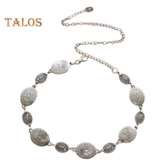 

Женская металлическая поясная цепочка в стиле ретро в этническом стиле, регулируемая удлиненная цепочка, декоративный круглый резной пояс, аксессуар для костюма серебряный