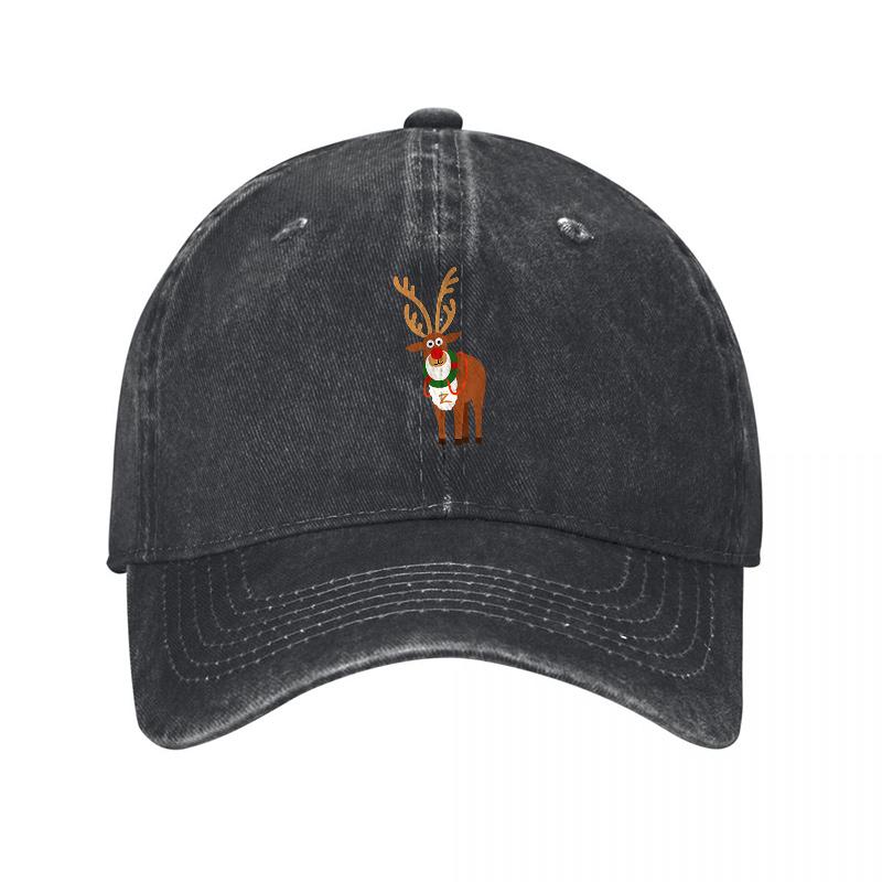 Reindeer Christmas Design Washed Cotton Baseball Cap Classic Embroidered Animal Pattern Unisex Adjustable Hat for Unisex and Women