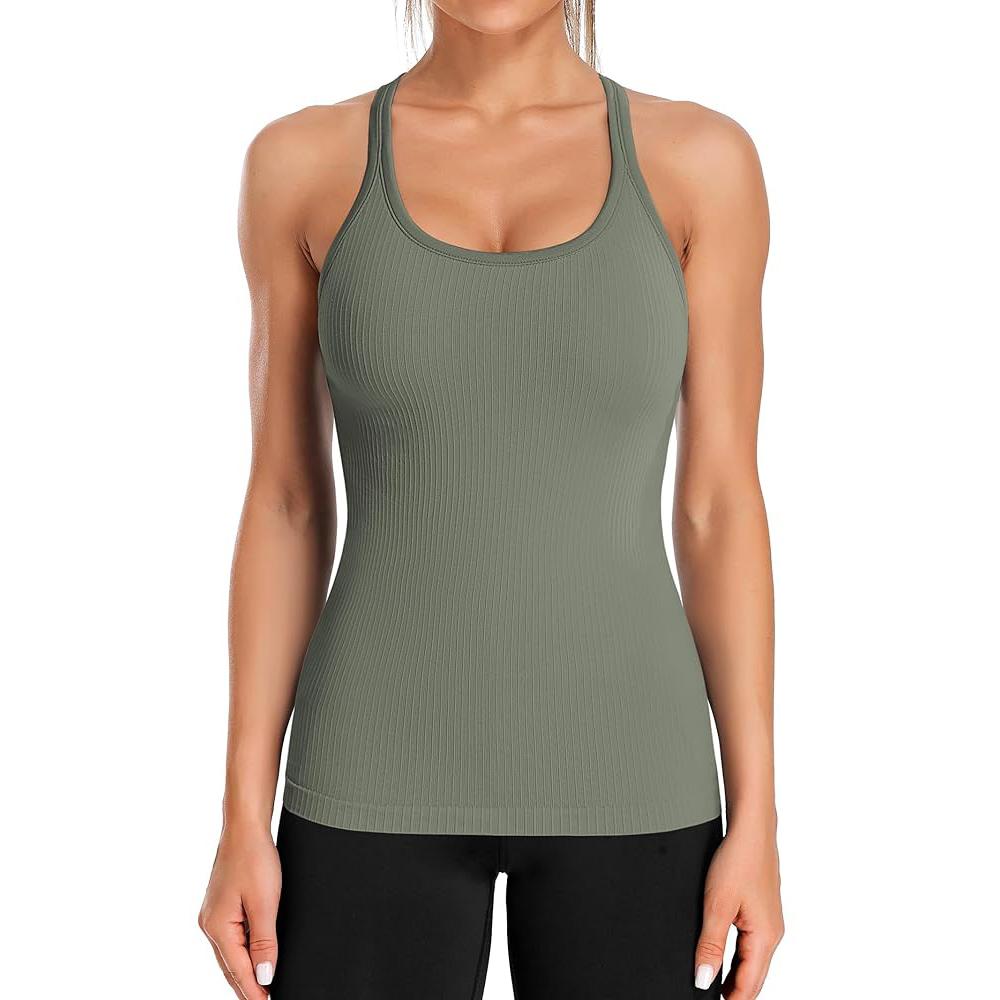 CHARMLEAKS Ribbed Workout Tank Tops for Women with Built In Bra Tight Racerback Scoop Neck Athletic Top