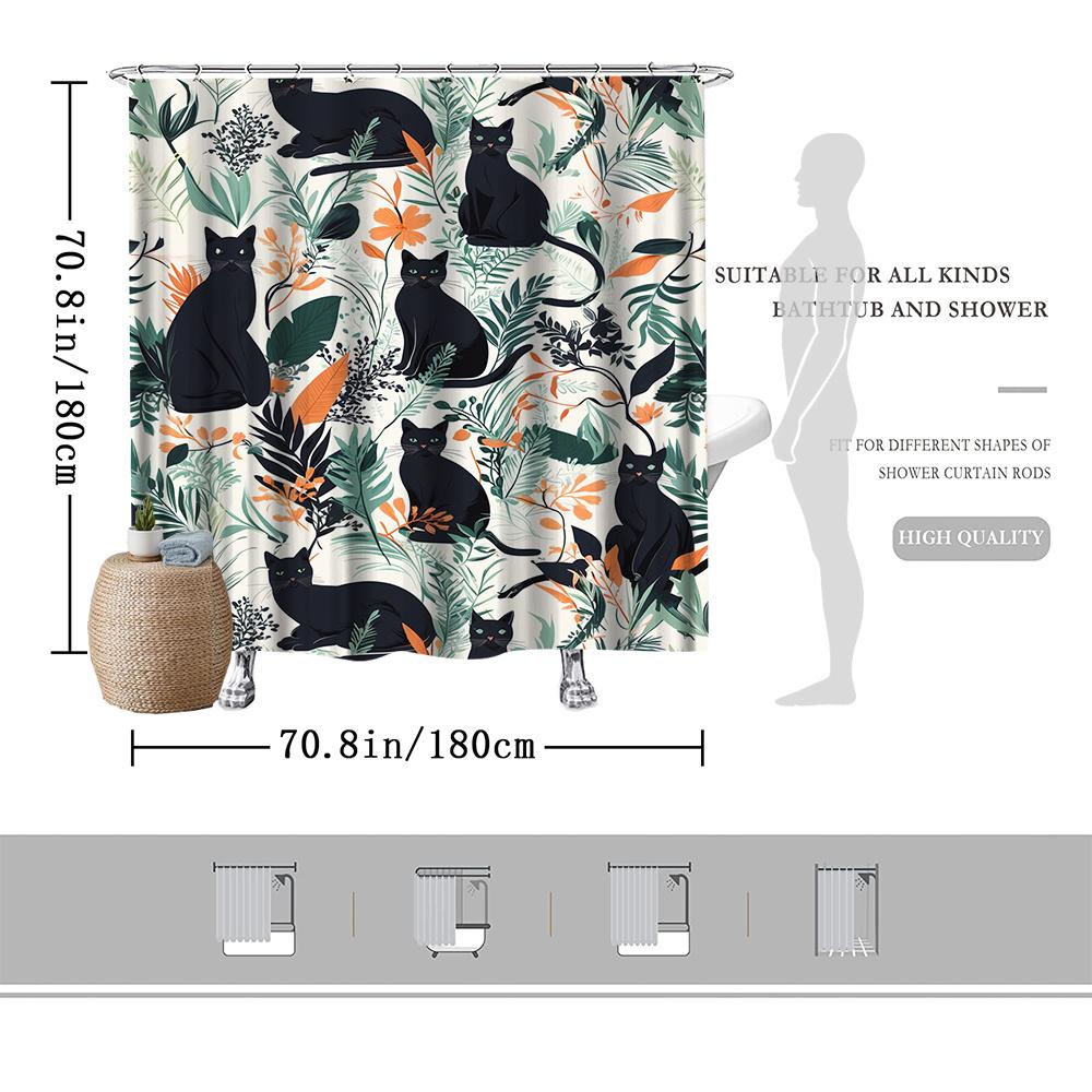 1Pc Botanical Shower Curtain — Abstract Black Cat With Floral & Leaf Motifs, Printed On Polyester For Bathroom Decor