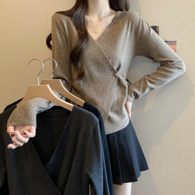 Übergröße Damen Kreuz-V-Ausschnitt Langarm-T-Shirt - Unregelmäßig, Locker, Figurschmeichelnd, Trendiges Oberteil für Frühling und Herbst