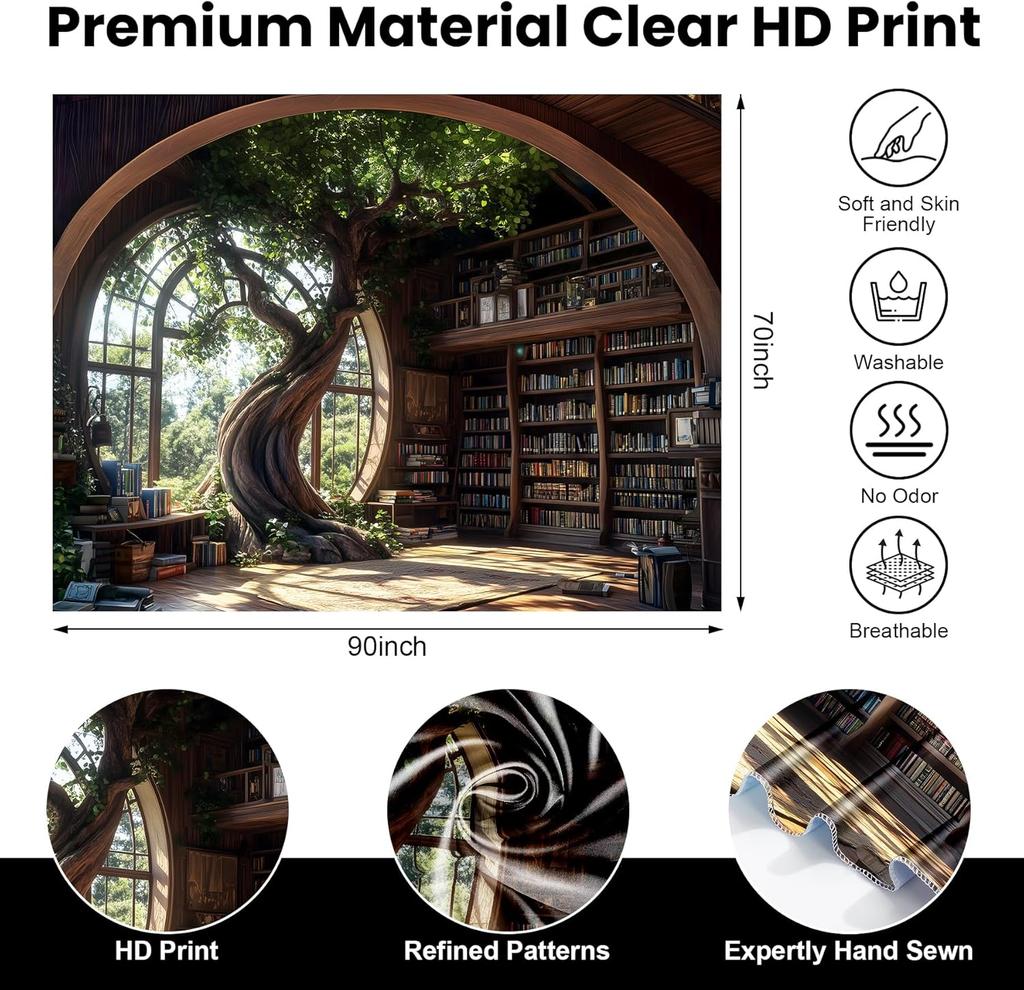 Magic School Bookshelf Tapestry Study Room Picture Large Book Tree House Medieval Tapestries Dorm Wall Art for Home Decor