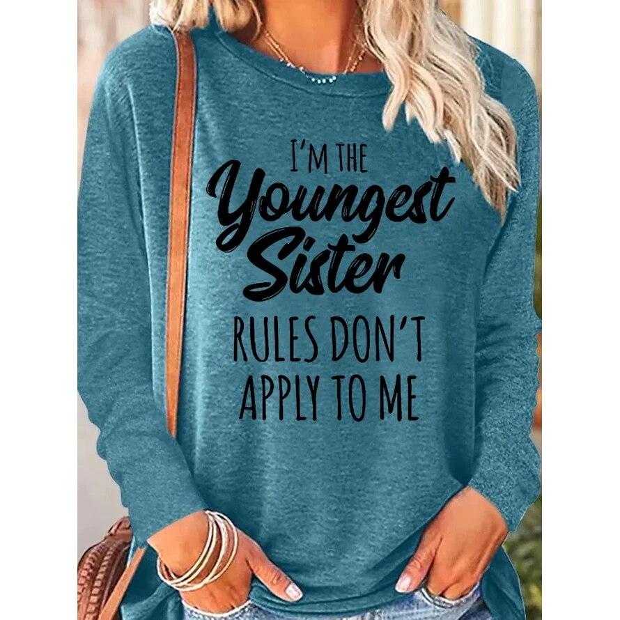 Damen-Langarm-Top, lustiges Schwester-Geschenk, jüngste Schwester, lässig, O-Ausschnitt, 3D-Text, Buchstaben, Luxus-T-Shirt, Übergröße, Damenbekleidung