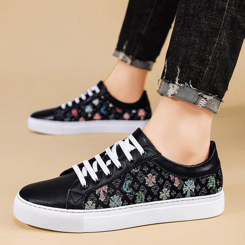 New Men Genuine Leather Casual Shoes Trend Canvas Print Flat Skate Shoes Young Man Cool Loafers