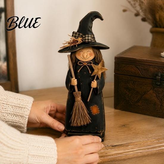 Halloween Tabletop Decoration for Office Wooden Witch Ornament, Retro Figurine with Broom/Pumpkin/Black Vintage Style Statue Shelf Cat, Creative