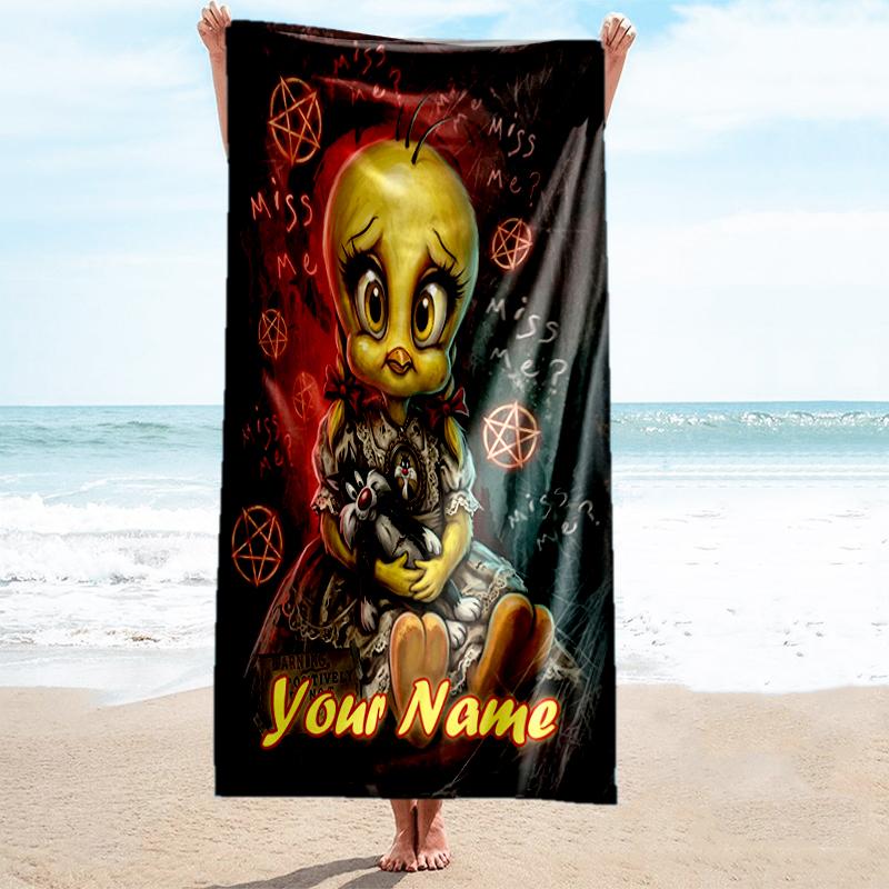 1PC Custom Name Dark Doll Mystery Beach Towel Highly Absorbent And Sand-Resistant Towel for Swimming, Pool, Yoga, And Travel Lightweight