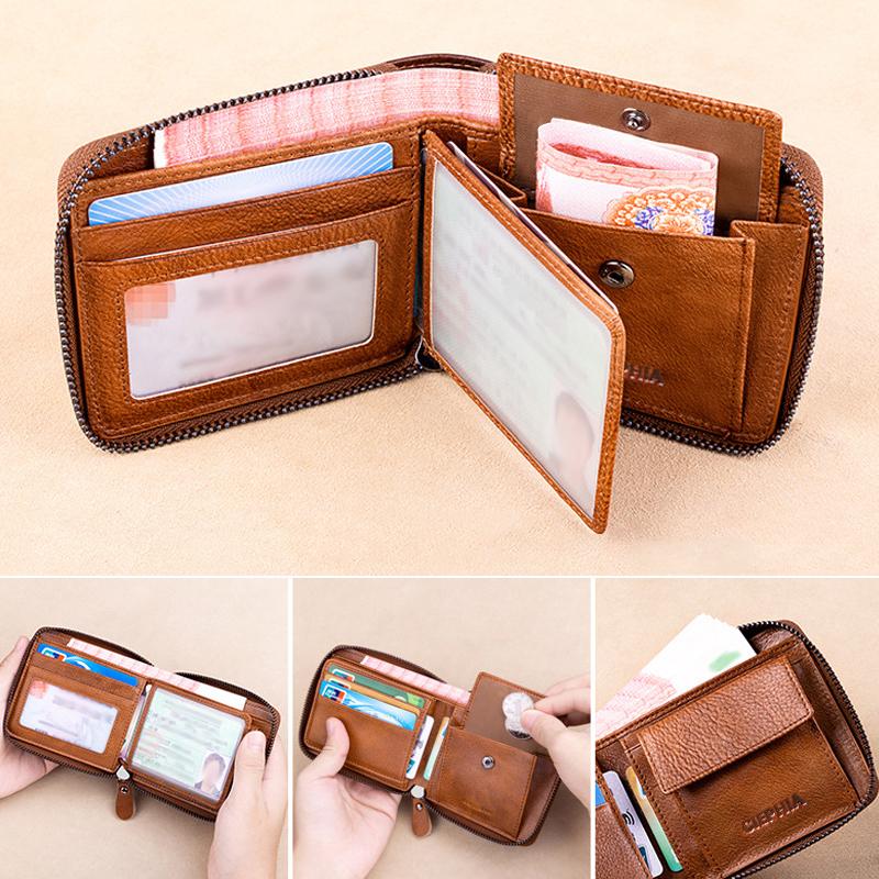 Echtes Leder-Geldbörse für Herren, RFID-blockierende Bifold-Reißverschluss-Geldbörsen, obere Schicht Rindsleder, multifunktional, ID-Kreditkartenhalter, Münztasche