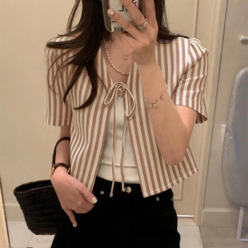 ZANZEA Women Lace-Up V-Neck Casual Short Sleeve Stripe Cardigan Blouse