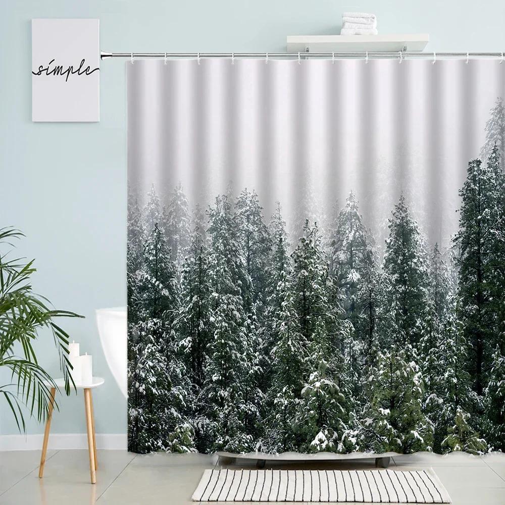 Fog Forest Shower Curtain Mountain Birds Winter Landscape Bath Curtains Modern Rural Nature Scenery Fabric Bathroom Decor Sets