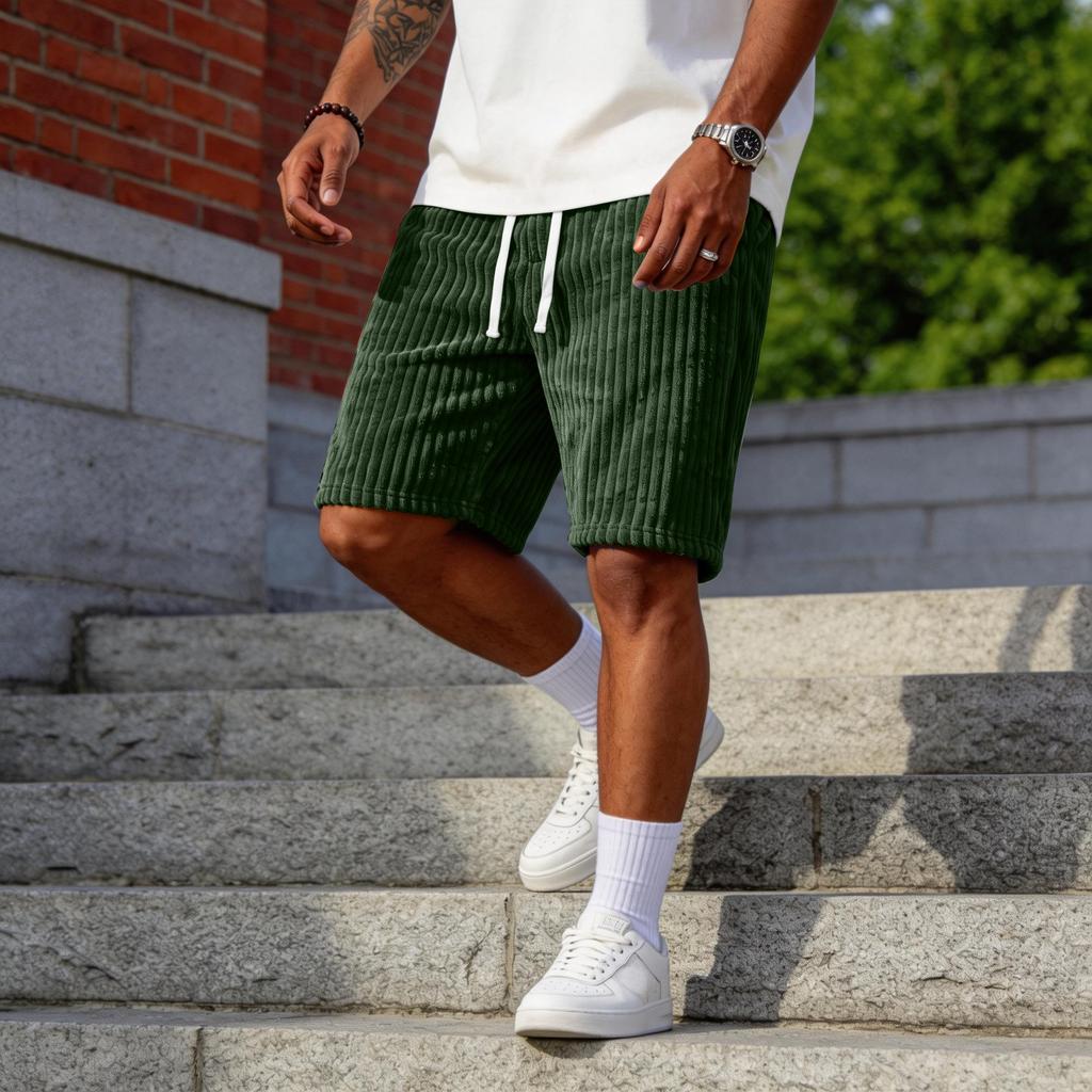 Mode Casual pour Hommes -Shorts en Velours Côtelé de Couleur Avec Broderie-, Shorts à Taille Élastique à Cordon de Serrage