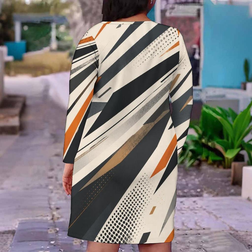 Women Plus Size V Neck Long Sleeve Printed Fitted Straight Hem Dress