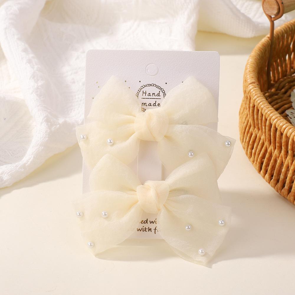 2Pcs/Set Pearl Bows Hair Clips Cute Sweet Girls Side Clip Solid Color Hairpin Handmade with Bow Hair Accessories Headdress Gifts