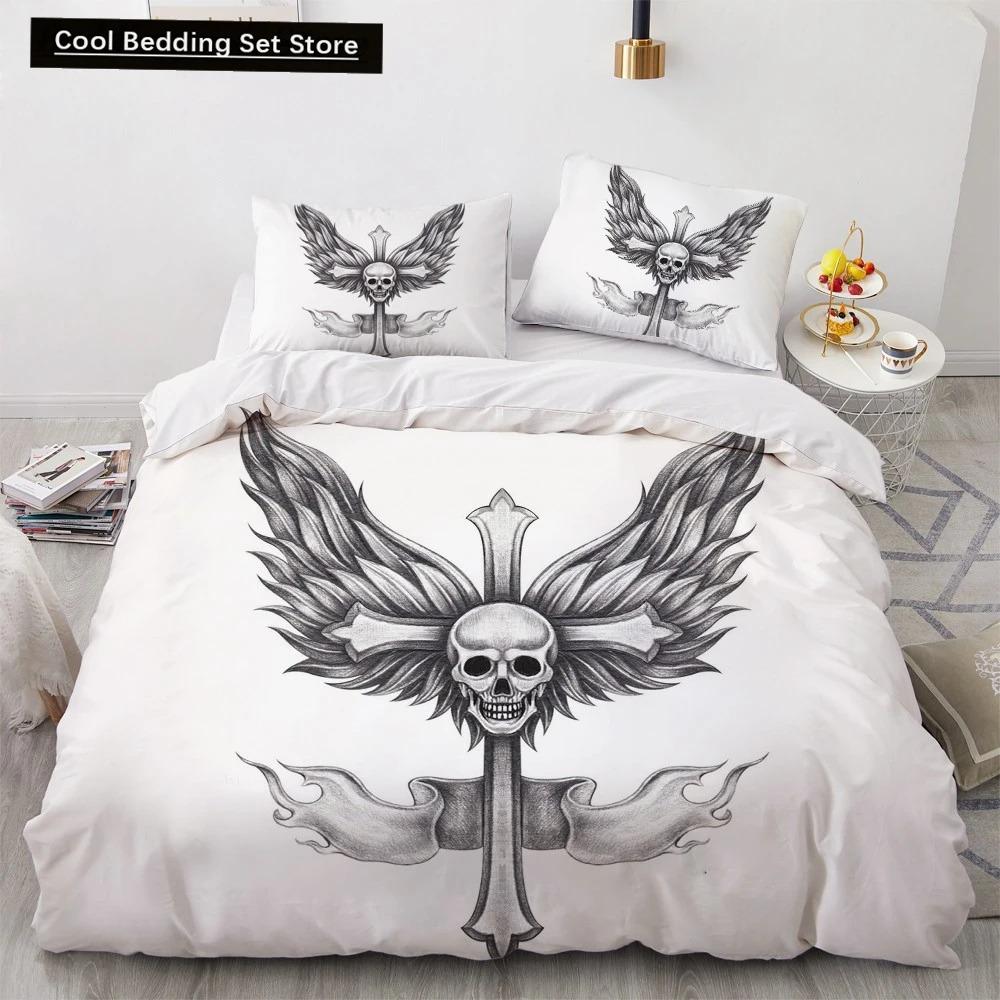 Skull Couple King Queen Duvet Cover Skeleton Bride Bedding Set Halloween White 23pcs Soft Quilt Cover for Kids Teens Adults