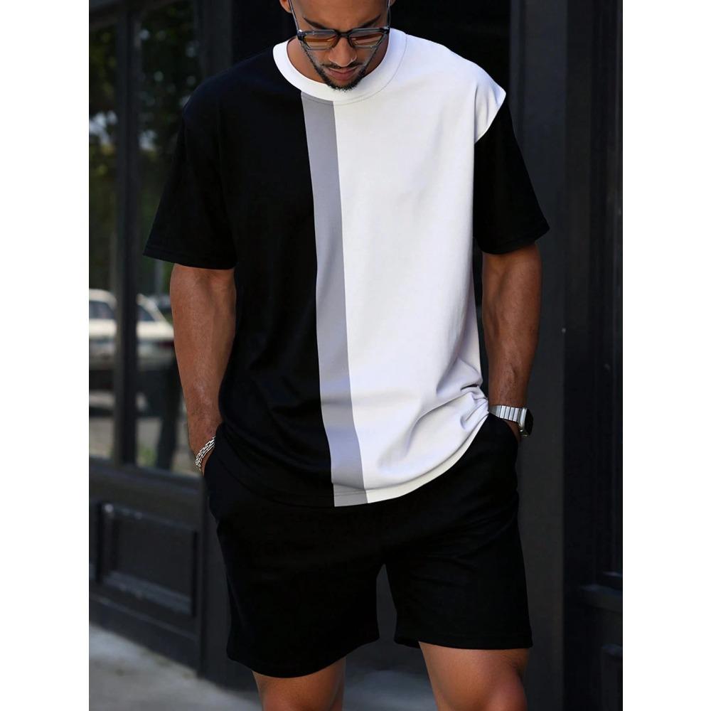 Contrast Color Short Sleeve Top Shorts Men's Summer Versatile Comfortable Fashionable Casual Drawstring Shorts Large Size Short Sleeved Sport Wear