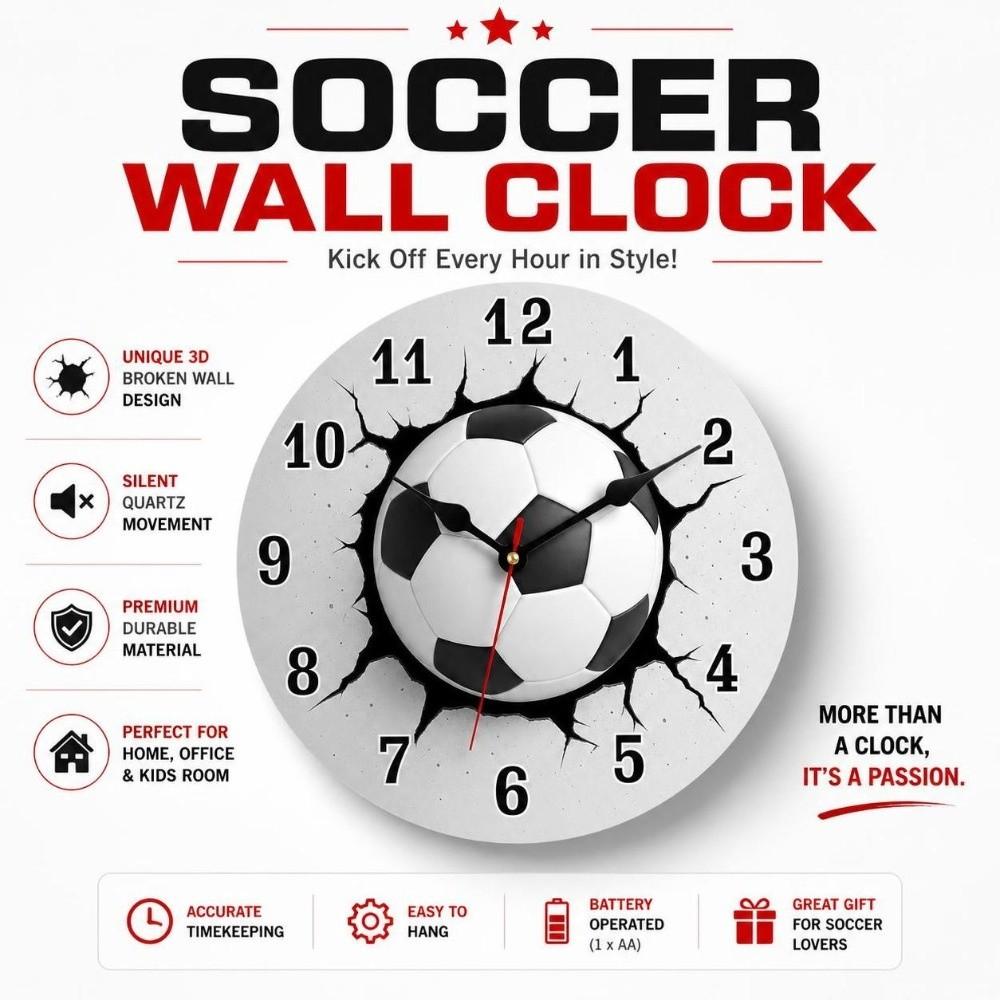 30cm Football-Themed Wooden Clock Solid Wood Soccer Quartz Clock Round Wall Clock  Living Room