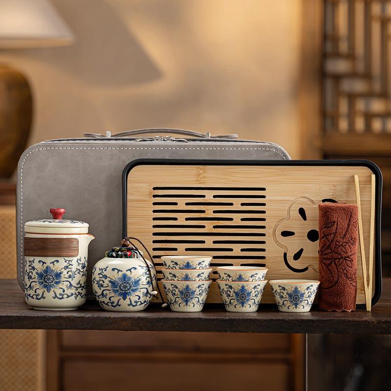 High-end new Chinese retro tea set Ru kiln twisted branch lotus ancient rhyme light luxury portable leather bag gift box enterprise printing
