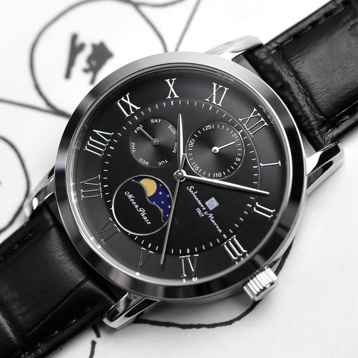 [Salvatore Marra] Watch Moon Phase Multi-Calendar 50m Waterproof Business Formal Men's Leather Strap Limited Edition Silver Black
