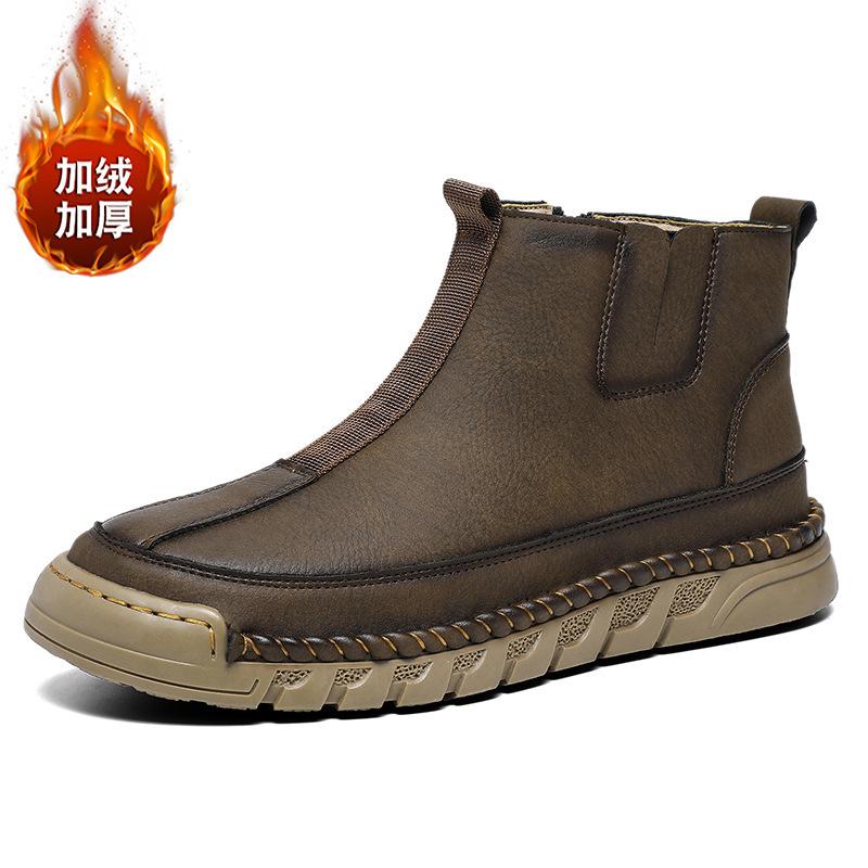 

Осень и зима новые толстоподошвенные накладки на ноги уличные высокие кожаные ботинки нескользящие, износостойкие, бархатные теплые повседневные кожаные туфли мужские короткие 46