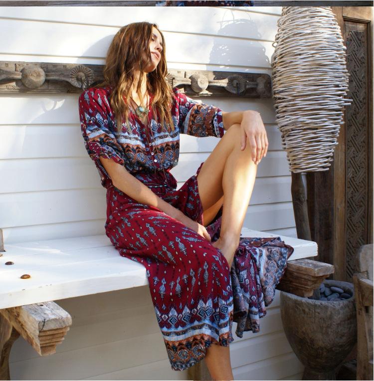 Summer Style Floral Printed Bohemian Beach Dress Women Elegant Deep V Neck Split Long Maxi Dress Vintage Chiffon Dress