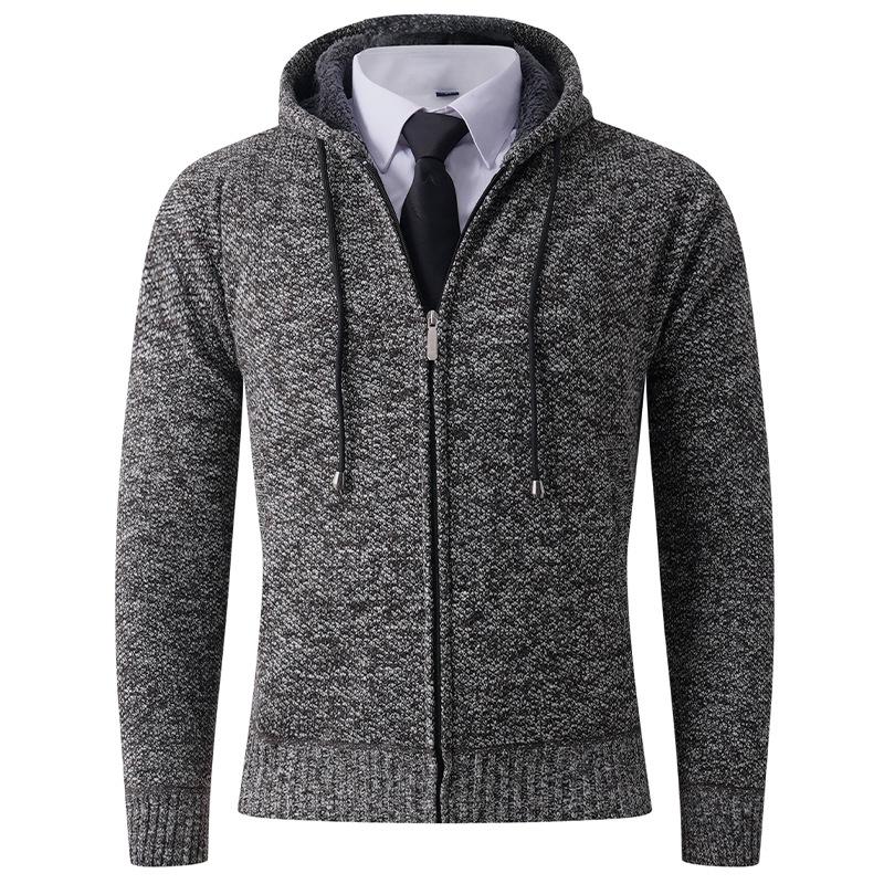 

Winter Men S Cardigan Hooded Sweater Simple Solid Color Fleece Thickened Knitted Sweater Casual Jacket 3XL темно-коричневого