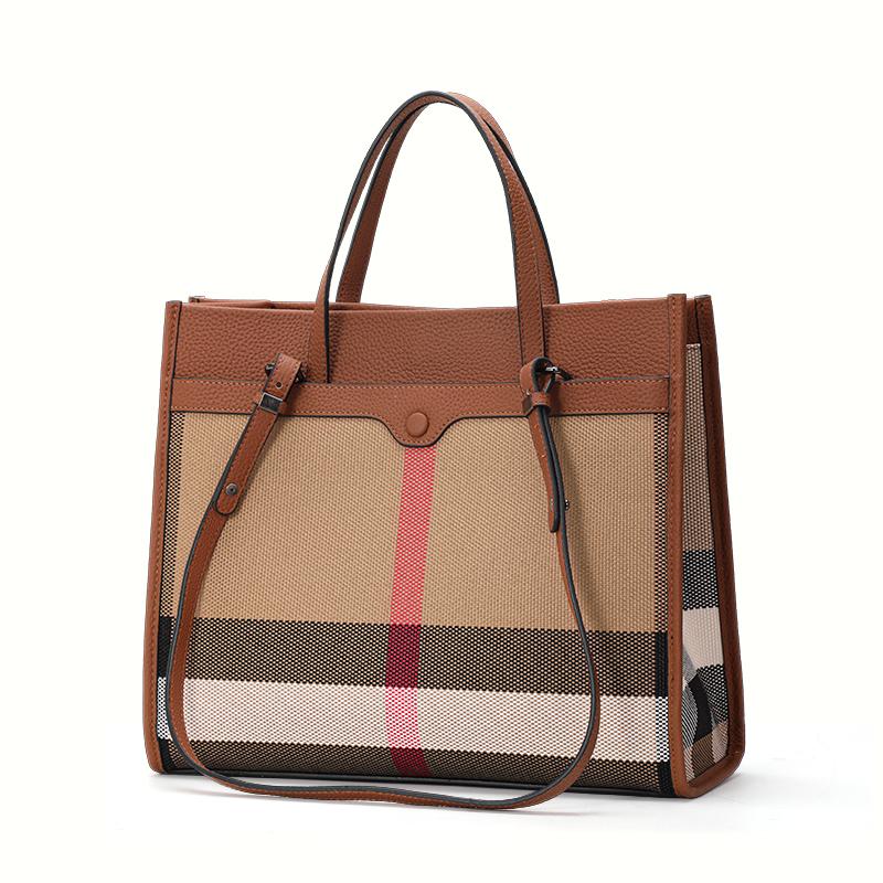 Aidrani Classic Plaid Women's Bag, Large Capacity Portable Shoulder Bag, Canvas Patchwork Cowhide, Square Handbag