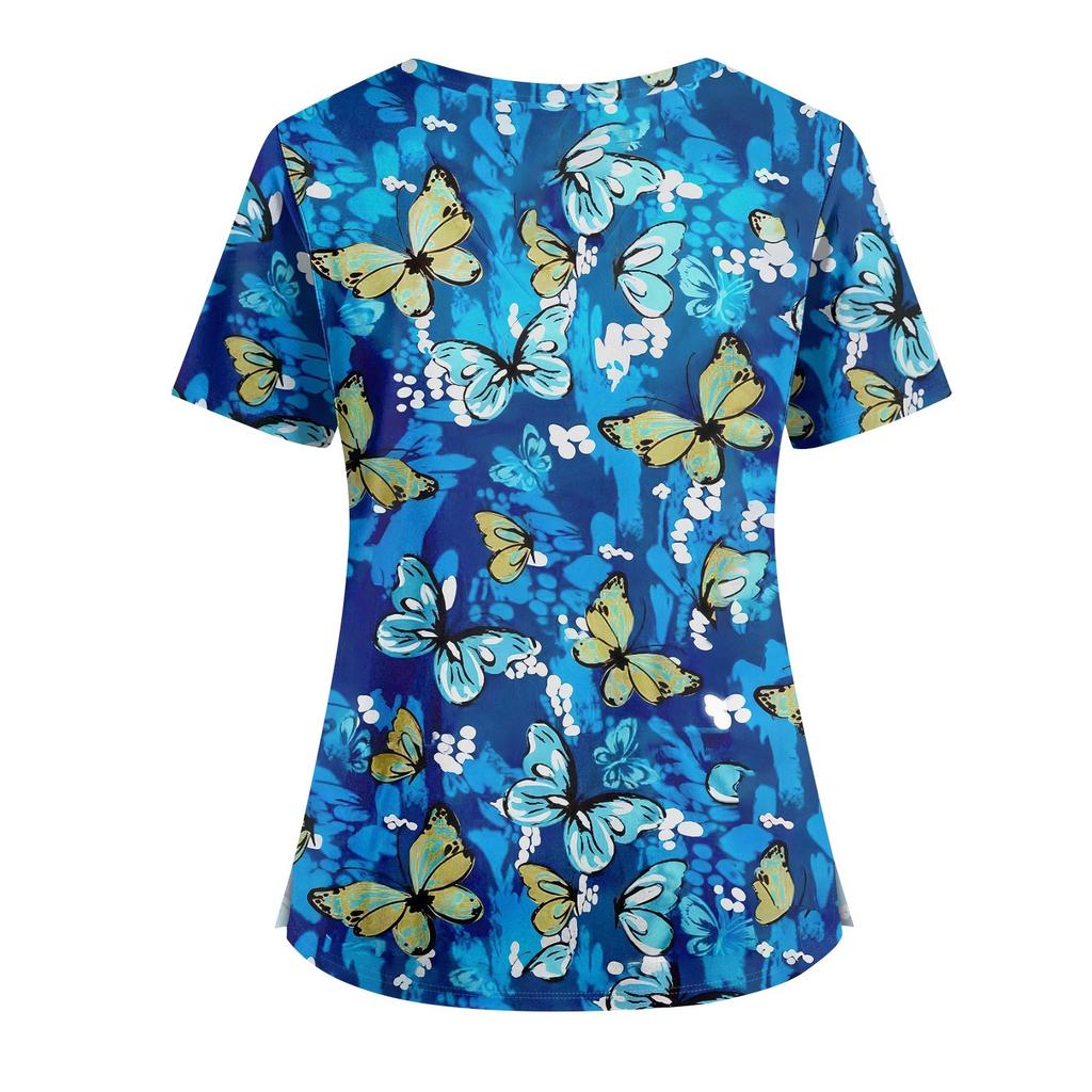 Velká velikost Potištěná srubová pracovní uniforma pro ženy s překříženým výstřihem do V Halloween potisk Zábavná trička s krátkým rukávem Pracovní oblečení Tričko s kapsami