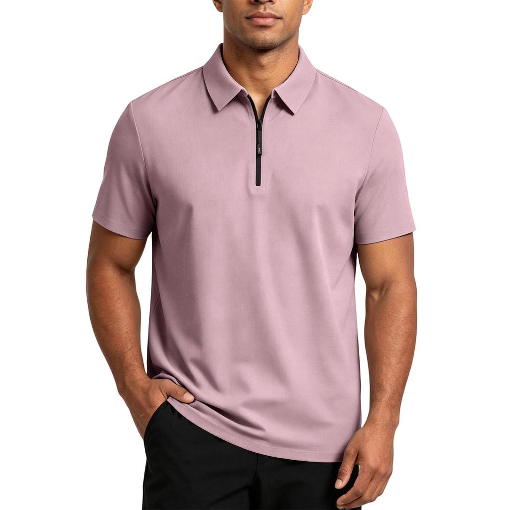 Men's Short Sleeve Polo Shirt with Zipper High Elasticity Ice Silk Knit Fabric Comfortable Stretch Waffle Texture Casual T-Shirt