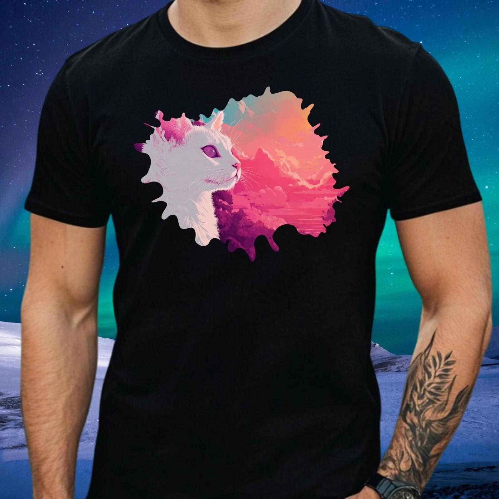 T-Shirt Herren Katzen Vaporwave Motiv Baumwolle Größe S bis 5XL M