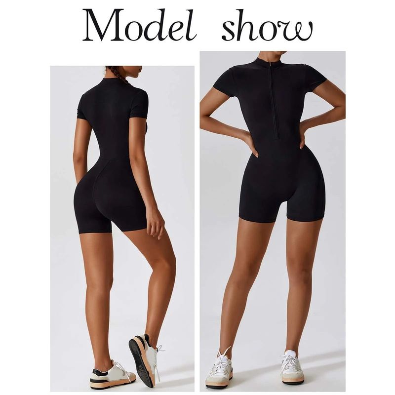 Half Zip Short Sleeve Jumpsuit Shorts Half Zip Short Sleeve One-Piece Shorts