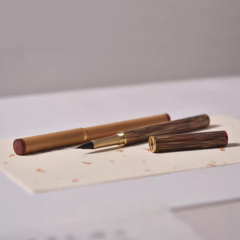 Sandalwood Handle Soft Brush Pen for Calligraphy Practice - Chinese Style with Ink Cartridge and Engraving.