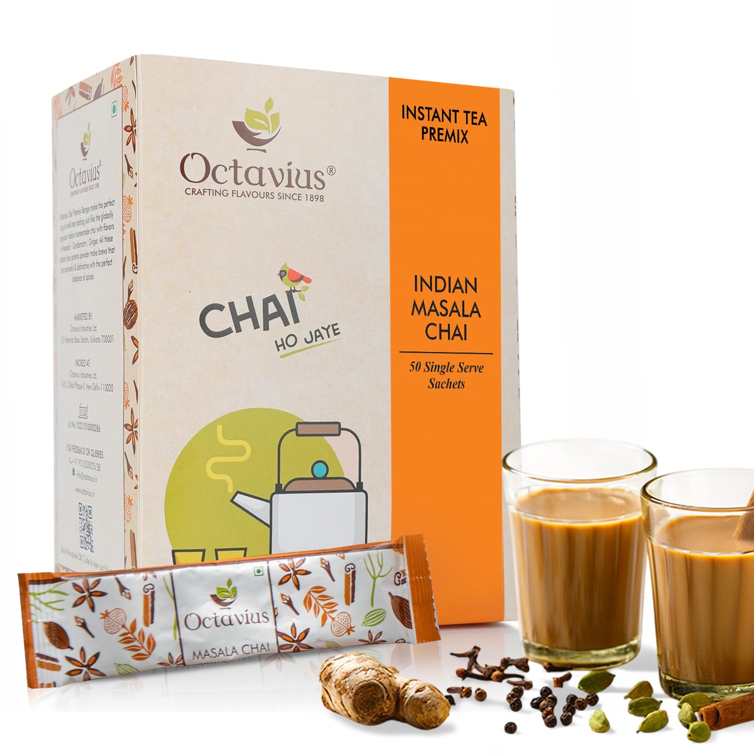 Octavius Masala Chai Instant Tea Premix Economy PacK - 50 Single Serve Sachets (15gm Each) | Authentic Indian Masala Tea | Ready-To-Drink Chai Po