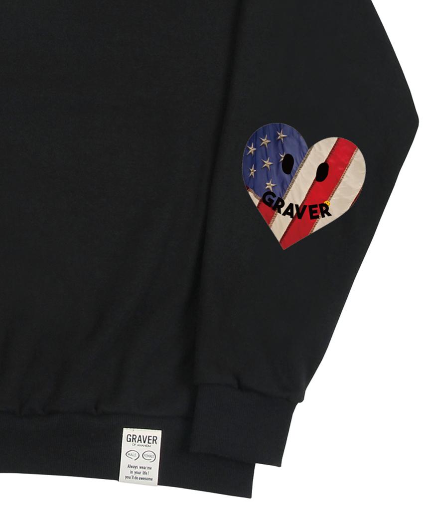 GRAVER [Unisex] Elbow American Flag Smile Heart Sweatshirt_Black