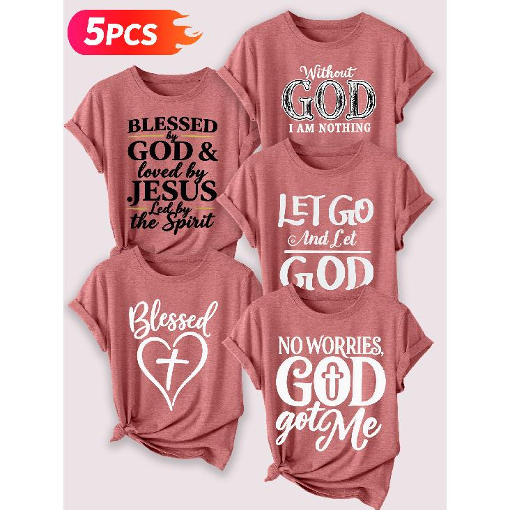 Follow a specific direction Five-piece set for women T Shirt Vintage Letter Print Summer Casual Elegant Women's Clothing Short Sleeve Top Essential