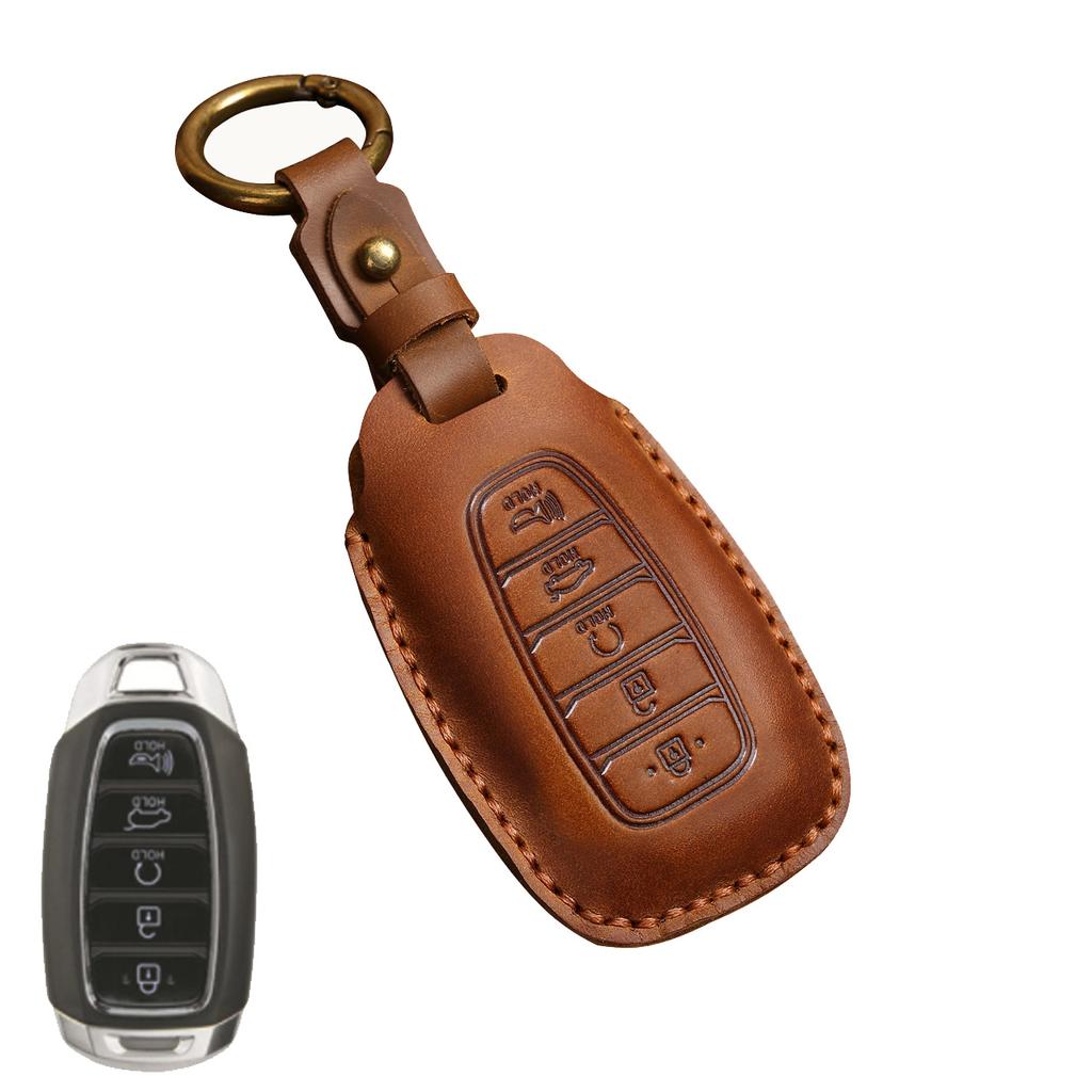 Genuine Leather Key Fob Cover for Hyundai Fista Elantra Mistra Santa Fe - Premium Car Key Protector Case