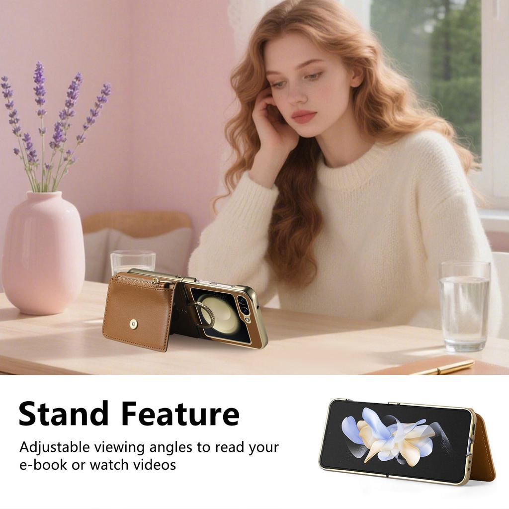 Protective Dual Layer Bumper Phone Wallet Case for Samsung Galaxy Z Flip 6 Cases with Card Holder Built-In Mirror Zipper Purse