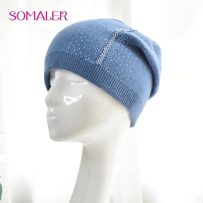 

SOMALER Зимняя шапка-бини для женщин, высококачественные вязаные шерстяные шапки-бини со стразами, толстые, теплые, двухслойные, уличные шапки-боне One Size синий