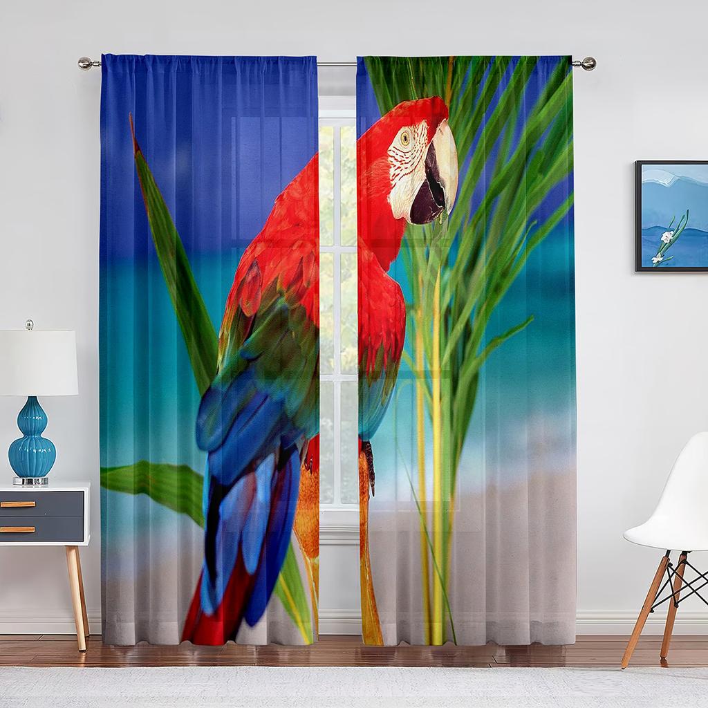 Perdele din tulle tropicale cu papagal colorat în picioare pentru sufragerie, perdele pentru fereastră de bucătărie, perdea transparentă din voal
