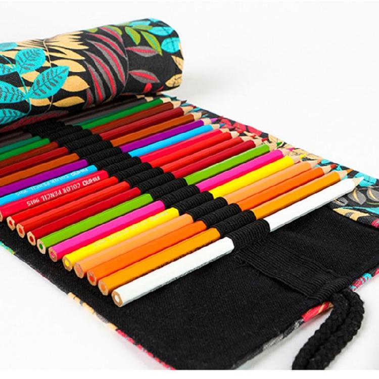 12/24/36/48/72 Holes Leaves Print Pencil Organizer Bag Canvas Pencil Wrap Pencil Roll Bag Pencil Storage Bag