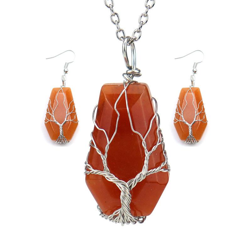 Fashion Handmade Winding Natural Crystal Stone Hexahedron Tree Of Life Necklace Earrings Set N601