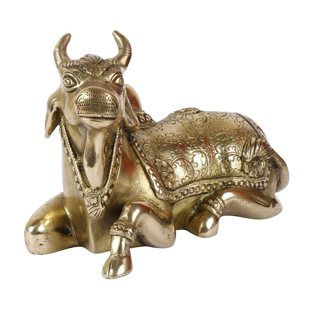 Nandi Bull Idol for Home Temple Decoration, Antique Finish Sacred Cow Statue