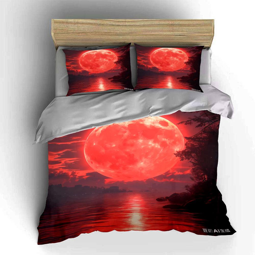 Red Moon Night Decorative Set Multiple Sizes Kid'S And Adults' Bedroom Exquisite 3Pc Bedding Set, Gift